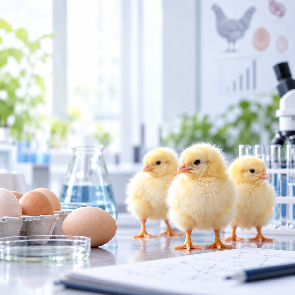 Chicks, eggs and laboratory equipment representing poultry nutrition research