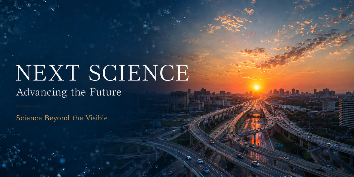 NEXT SCIENCE — Advancing the Future。夕日の都市と道路、Science Beyond the Visible。PC用メインビジュアル